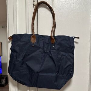 Stylish Navy Tote Bag with Brown Handles